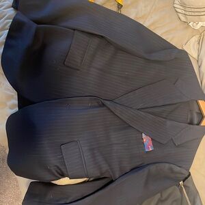 mens custom tailored suit
blue with subtle pinstripe
matching slacks